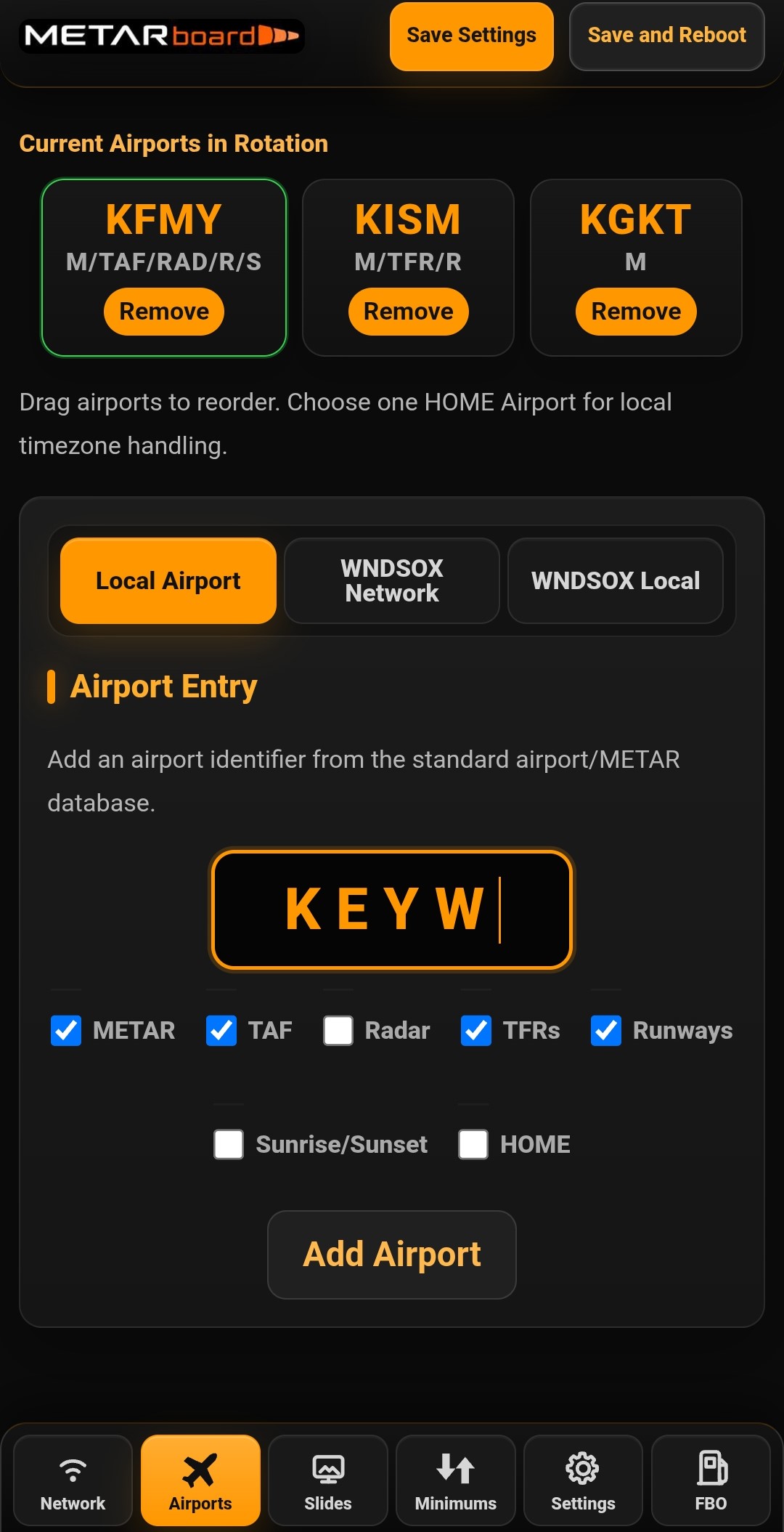 METARboard portal settings screenshot